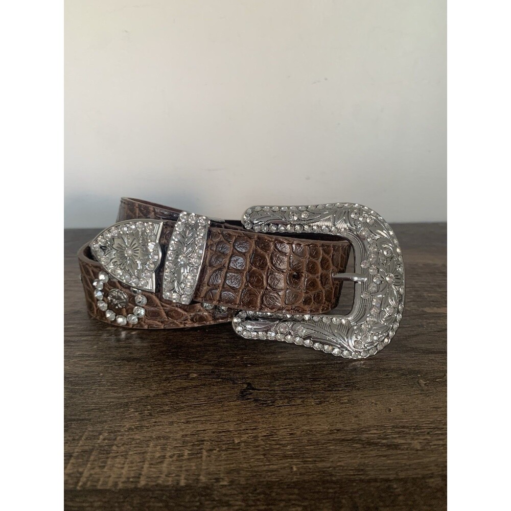 Bling Belt Women's Genuine Leather Western Brown Rhinestone Crystal Studded S/M
